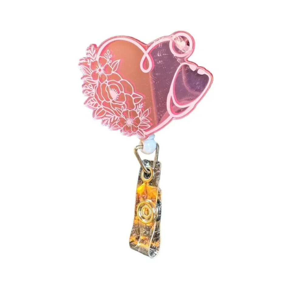 HEART pink heart with flowers and stethoscope badge holder NEW
